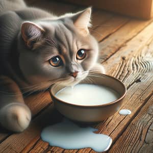 Domestic Cat Lapping Up Milk in Cozy Sunlit Setting
