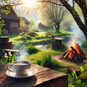 Rustic Coffee Scene with Bonfire at Countryside House