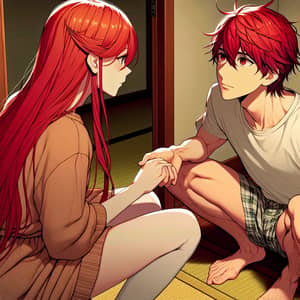 Intimate Anime Scene: Red-Haired Couple Sharing a Moment