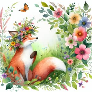 Whimsical Fox with Flower Crown in Lush Meadow - Watercolor Art