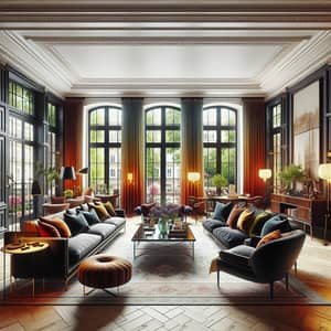 Elegant Living Room with French Doors and Dark Wood Furniture