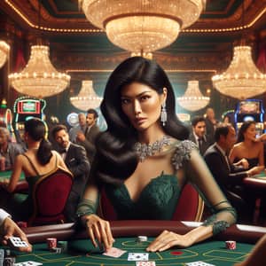 Mid-30s South Asian Woman Poker Player in Emerald Green Dress