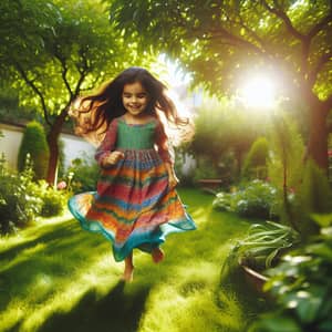Middle-Eastern Young Girl Joyfully Playing in Vibrant Garden