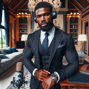 Luxurious Black Man Creating Podcast in Villa
