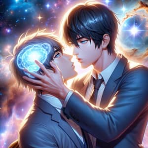Intense Anime Scene with Cosmic Backdrop and Affectionate Kiss