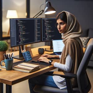 Middle Eastern Female GoLang Developer Working at Workstation