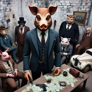 Underground Animal Gang Meeting with Pig in Tailored Suit