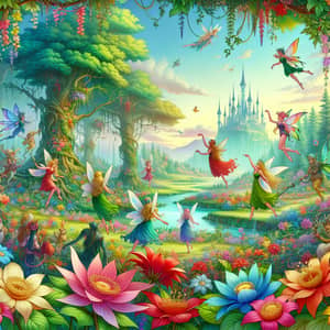 Enchanted Kingdom Fairies Dancing Among Colorful Flowers
