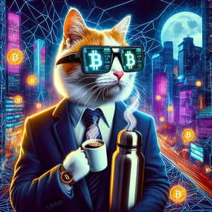 Cryptocurrency Investor Cat in Cyber-Style City | Night Scene
