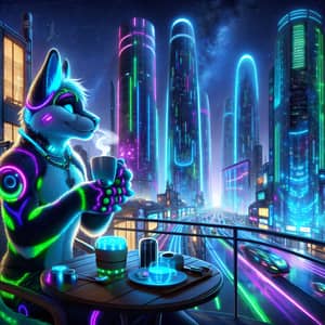 Neon Fur Feline Enjoys Coffee in Cyber City | Futuristic Scene