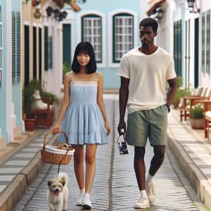 Strolling Asian Woman with Dog and Black Man with Camera on Cobblestone Street