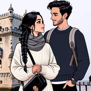 Animated Scene: Woman with Braid & Man Smiling in Lisbon