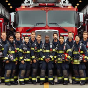 Diverse Firefighter Crew with Fire Truck | Team Photo