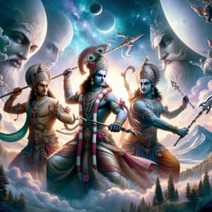 Divine Figures in Mythological Battle - Lord Ram, Krishna, and Mahadev