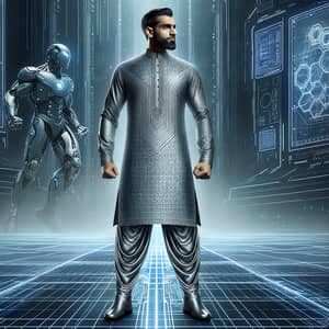 Muslim Superhero in Advanced Metallic Suit | Futuristic Background