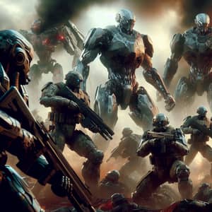 Futuristic Military Group vs. Cybernetic Warriors Battle