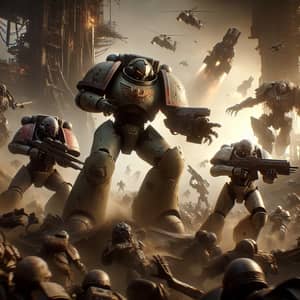 Sci-Fi Battle Scene: Human Military vs Metallic Adversaries