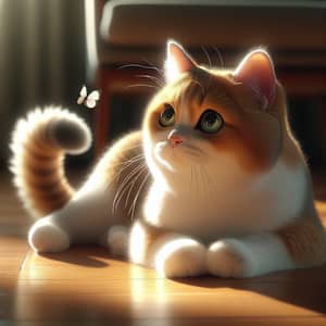 Realistic Domestic Short-Haired Cat Playing on Wooden Floor