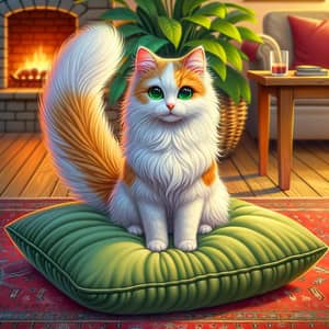 Adorable Domestic Cat with White and Orange Fur on Green Pillow