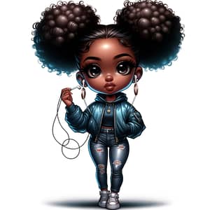Airbrush Cartoon Chibi African American Woman with Afro Puffs
