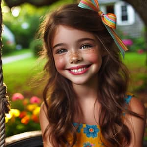 Cheery 8-Year-Old Caucasian Girl Portrait in Bright Yellow Summer Dress