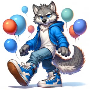 Realistic and Cute Furry Wolf Stepping on Balloons