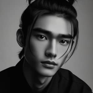 Expressive Young Asian Man with High Ponytail | Black and White Portrait