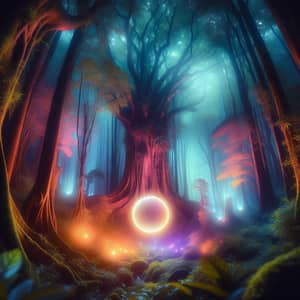 Mystical Forest with Glowing Orb - Vibrant Hues & Ethereal Lighting