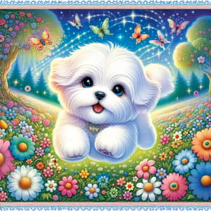 Whimsical White Lhasa Apso Dog in Magical Garden