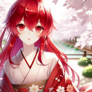 Elegant Anime Character with Vibrant Red Hair in Traditional Kimono