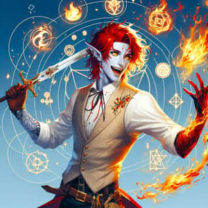 Jubilant Male Tiefling Magus in Magical Duel | Blue Background