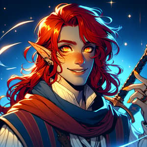 Cheerful Tiefling Wizard with Fiery Red Hair and Sword