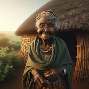 Traditional African Grandmother Steps Out of Thatched Hut at Sunrise