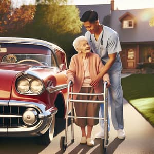 Heartwarming Elderly Care Scene with Classic Car in Sunny Suburbia