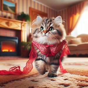 Adorable Cat Playing with Red Lace - Cute Feline Antics at Home