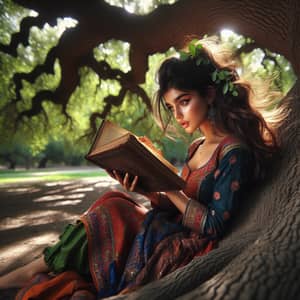 Captivating Scene of a South Asian Girl Reading Under Oak Tree