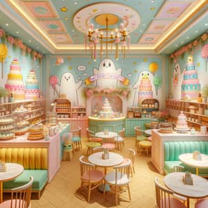 Whimsical 2D Cafe in Bright Pastel Colors | Ghost-Themed Birthday Venue