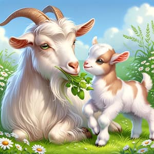 Mother and Baby Goat | Pastoral Scene in a Green Meadow