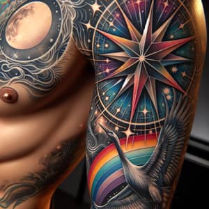 Colorful Arm Tattoo Design with Star, Rainbow, Moon, and Crane