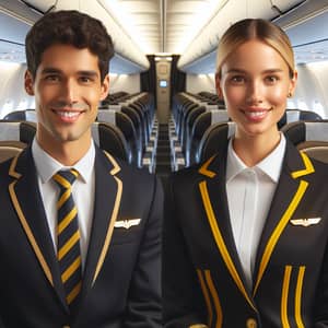 Diverse Cabin Crew in Airplane Interior - Professional Smiles