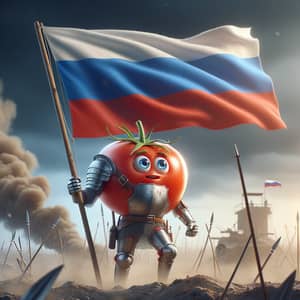 Heroic Tomato Character Waving Russian Flag in Battlefield