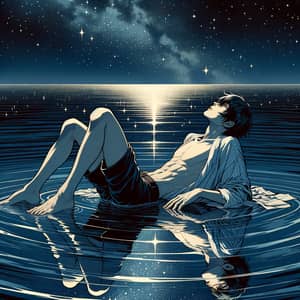 Solitude Under the Starry Sky: Ukiyo-e Inspired Asian Man in Ocean