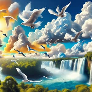Vibrant Sky with Birds and Waterfall - Nature's Harmony