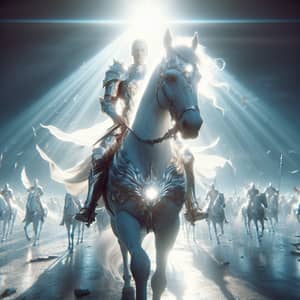 Majestic White Horse in Ethereal Battlefield | Noble Rider in Radiant Armor