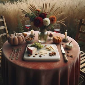Rustic Autumn Harvest Table Setting with Red Wine
