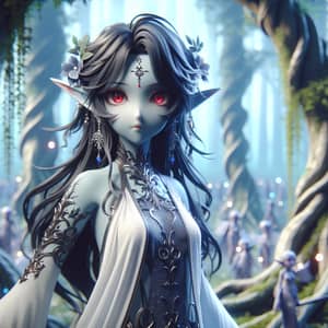 Anime-Style Female Elf with Grey Skin, Black Hair, and Red Eyes