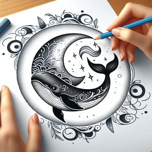 Crescent Moon and Whale Tattoo Design