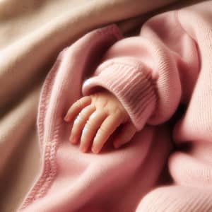 Newborn Baby Hand in Pastel Pink Clothing on Beige Background
