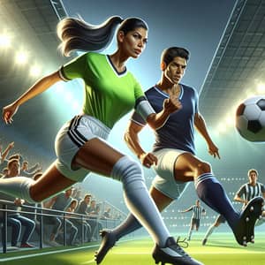 Intense Soccer Match: South Asian Woman vs. Hispanic Man