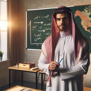 Middle-Eastern Male Teacher Educating in Traditional Saudi Thobe
